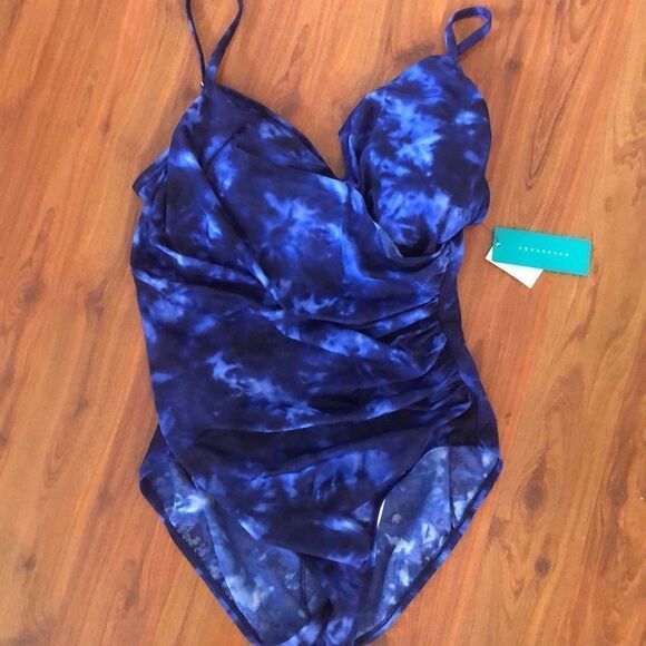 NWT Aquagreen Blue tie-dye ruched waist Cinch waist  One piece swimsuit, bathi - Picture 1 of 6